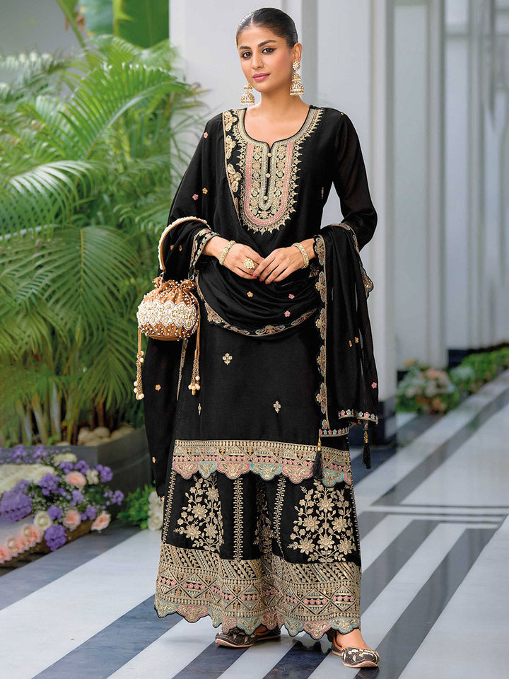 Embroidered Chinon Kurta With Plazzo &amp; Dupatta