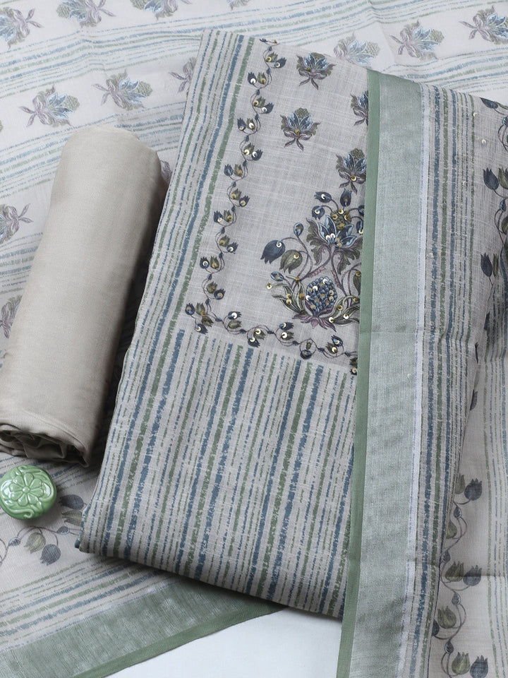 Printed Linen Blend Unstitched Suit With Pant &amp; Dupatta