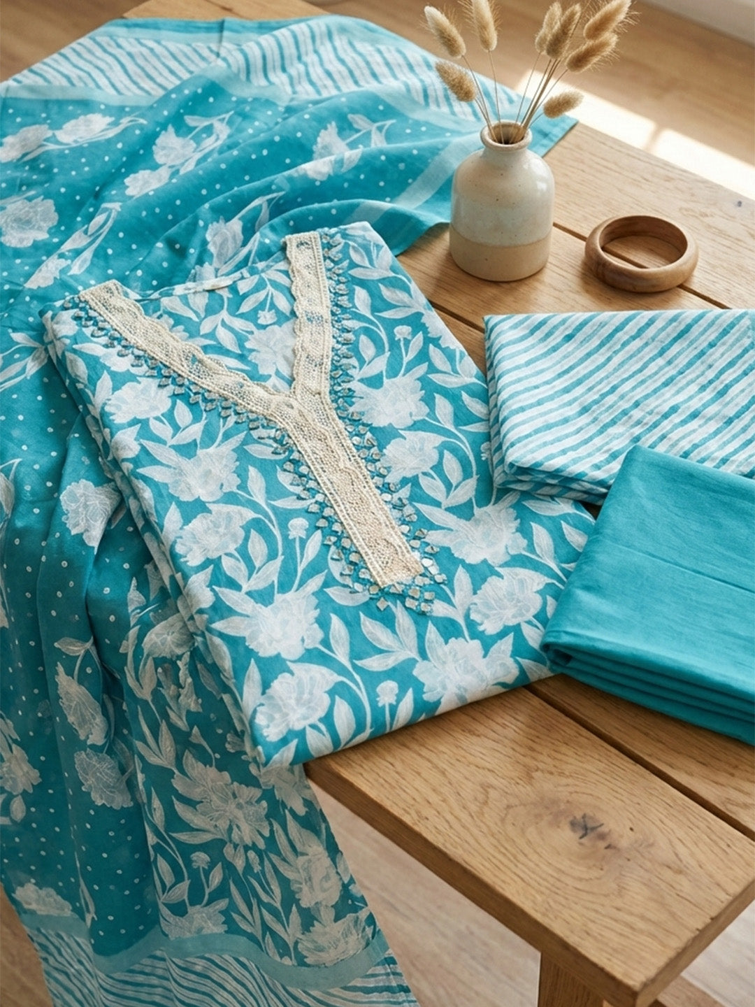 Printed Chanderi Unstitched Suit With Pant &amp; Dupatta