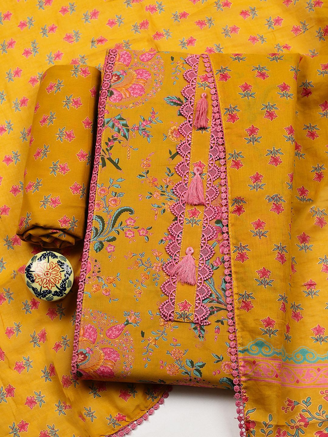 Embroidered Cotton Blend Unstitched Suit With Pant &amp; Dupatta