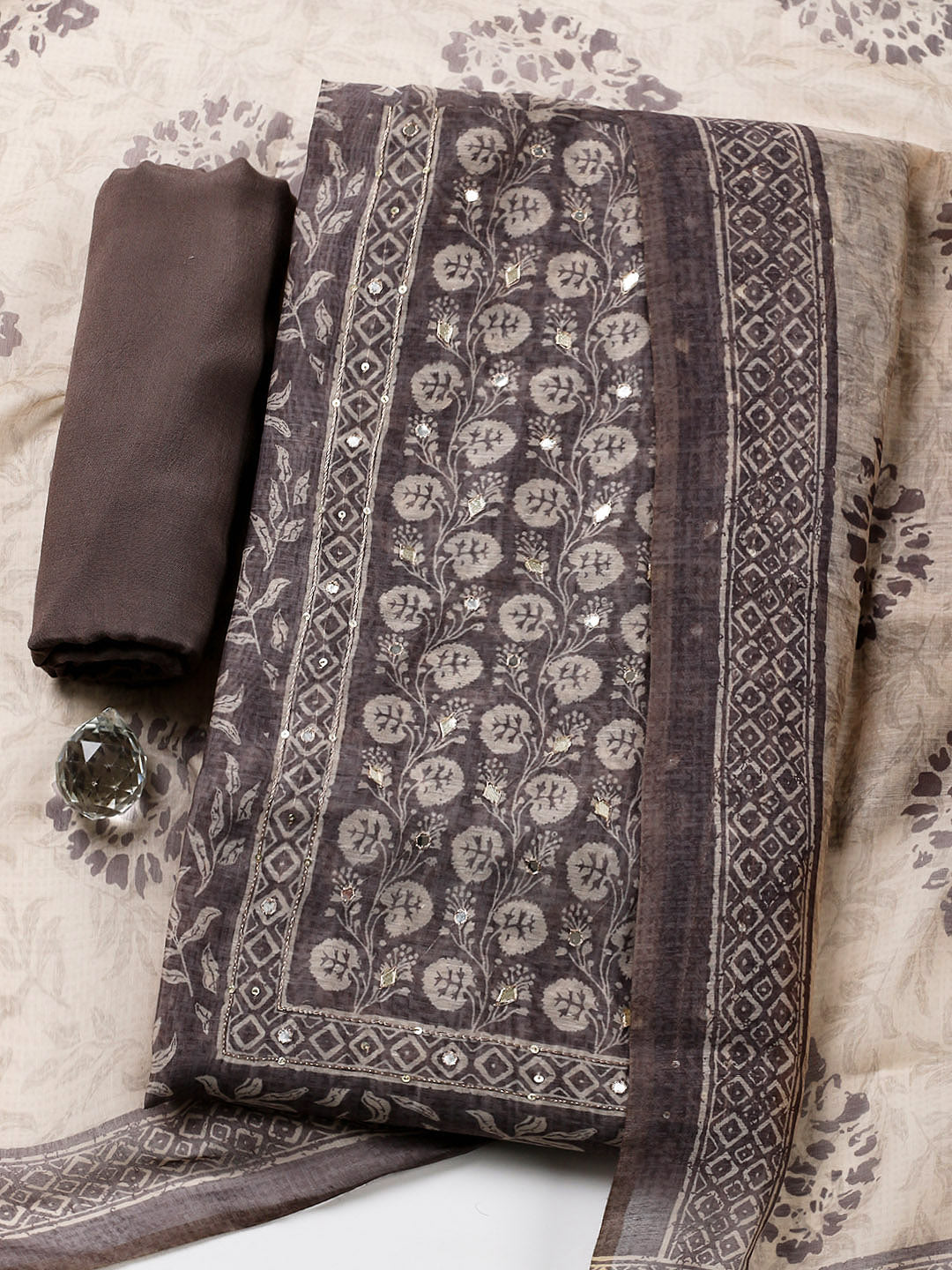 Embroidered Chanderi Unstitched Suit With Pant &amp; Dupatta