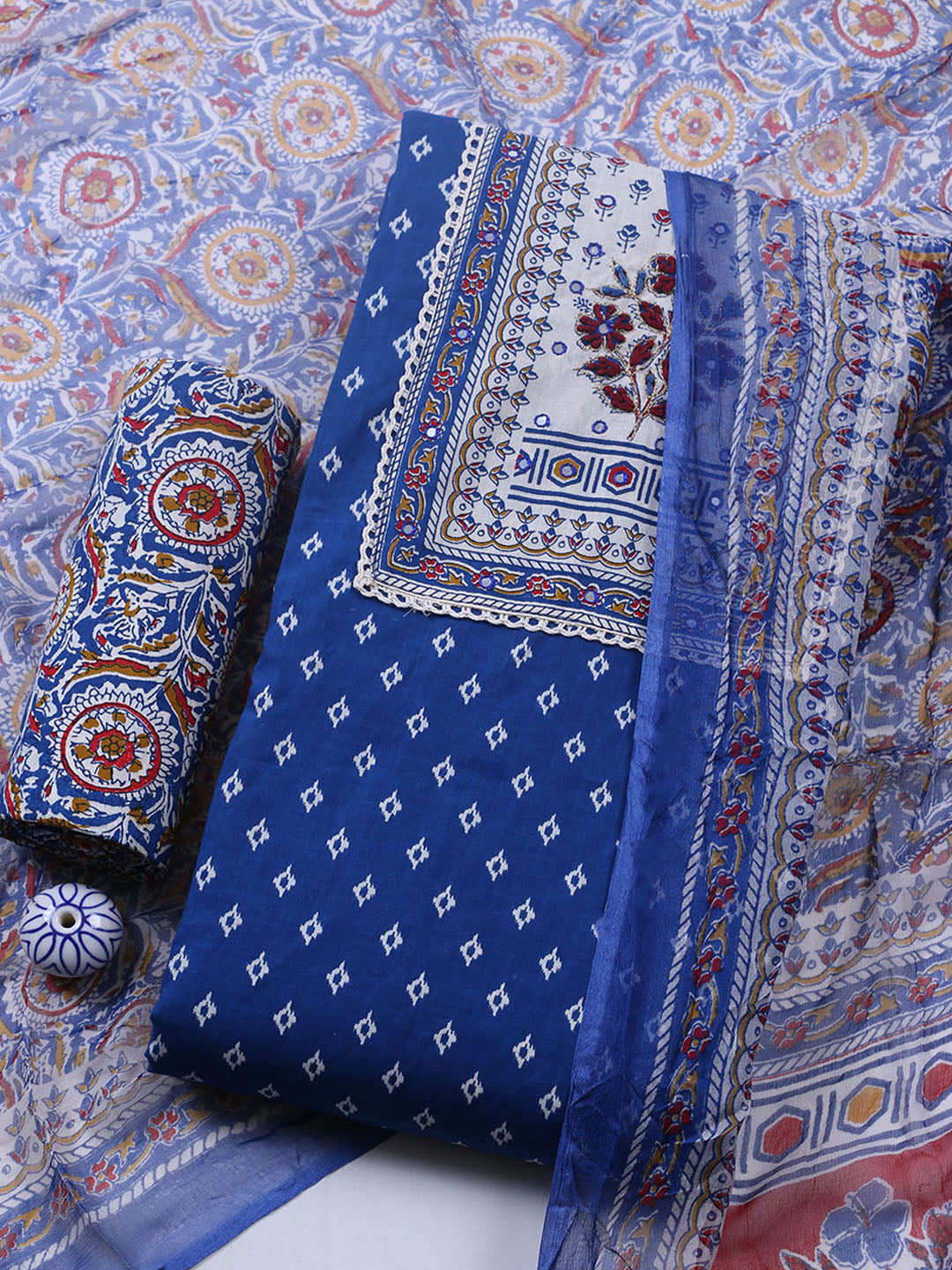 Embroidered Cotton Blend Unstitched Suit With Pant &amp; Dupatta