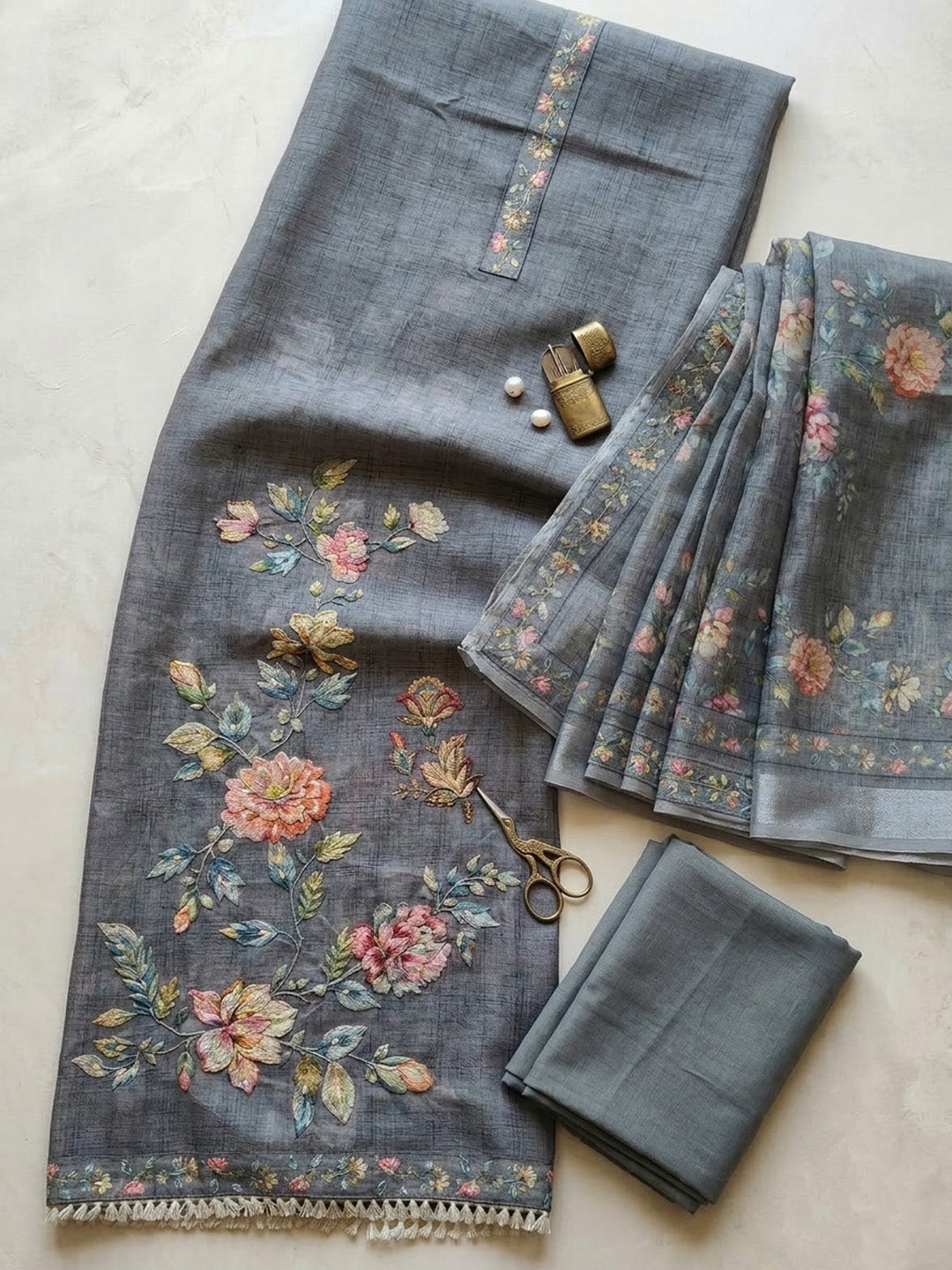Printed Linen Blend Unstitched Suit With Pant &amp; Dupatta