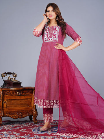 Cotton Anarkali Embroidered Suit Set With Lace