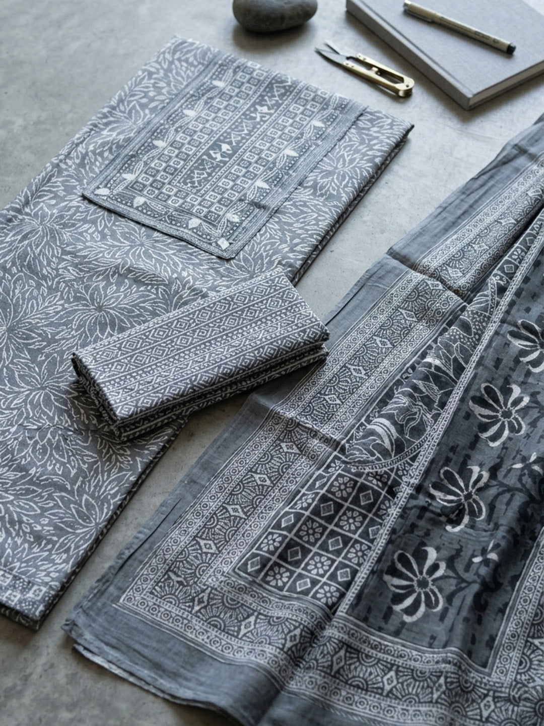 Embroidered Cotton Blend Unstitched Suit With Pant &amp; Dupatta