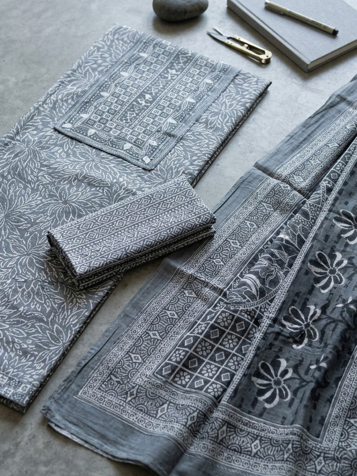 Embroidered Cotton Blend Unstitched Suit With Pant &amp; Dupatta