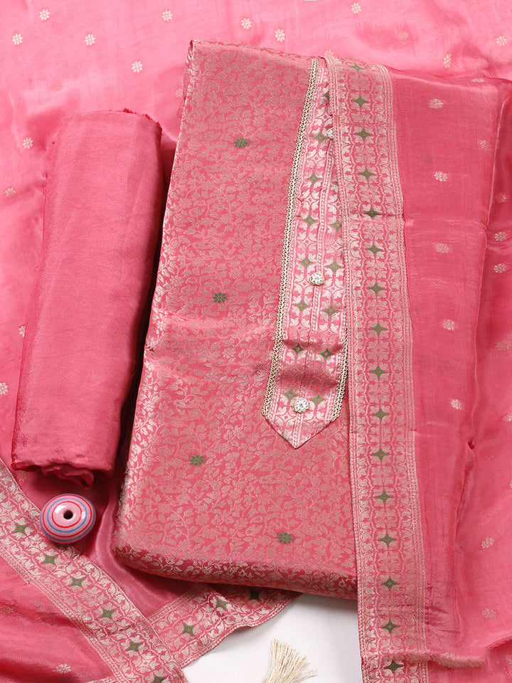 Embroidered Chanderi Unstitched Suit With Pant &amp; Dupatta
