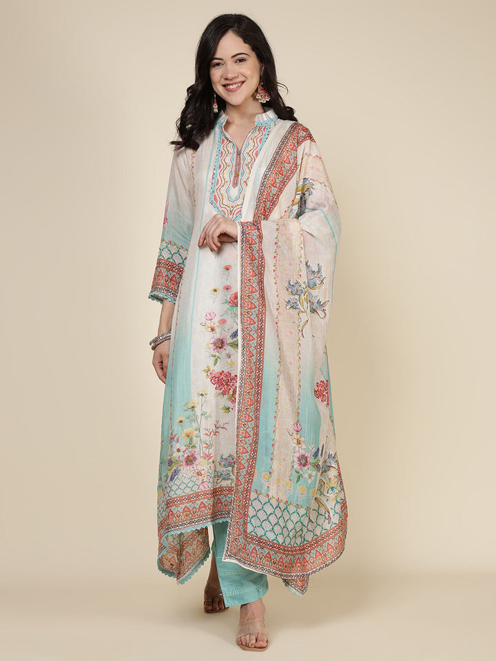 Printed Cotton Blend Kurta With Pants &amp; Dupatta