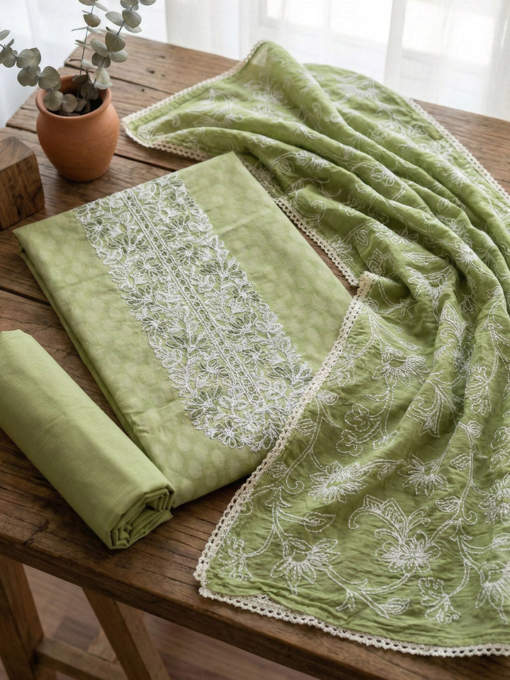Printed Cotton Blend Unstitched Suit With Pant &amp; Dupatta
