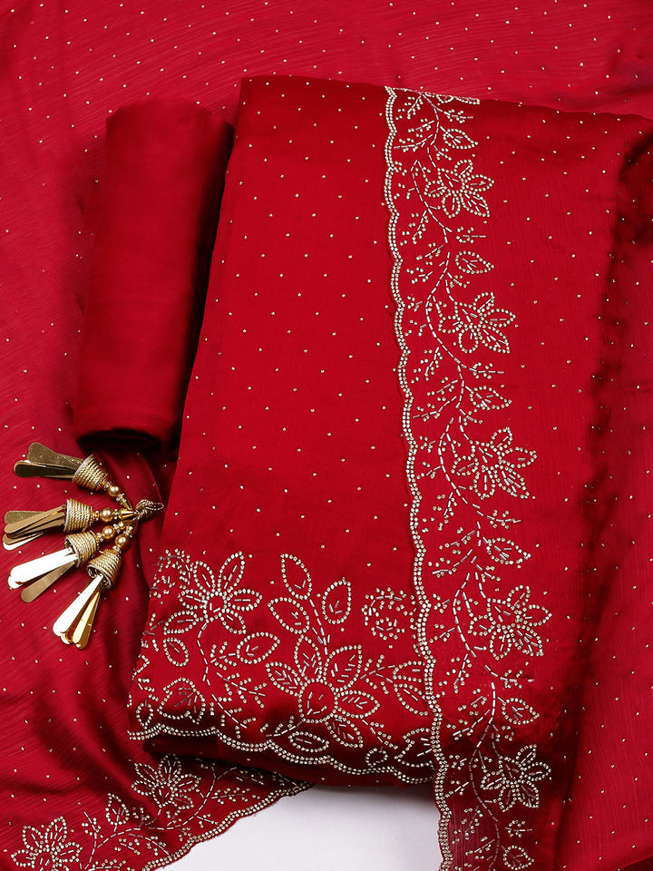 Embellished Chiffon Unstitched Suit With Pant &amp; Dupatta
