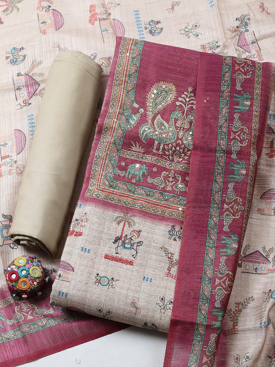 Embroidered Chanderi Unstitched Suit With Pant &amp; Dupatta