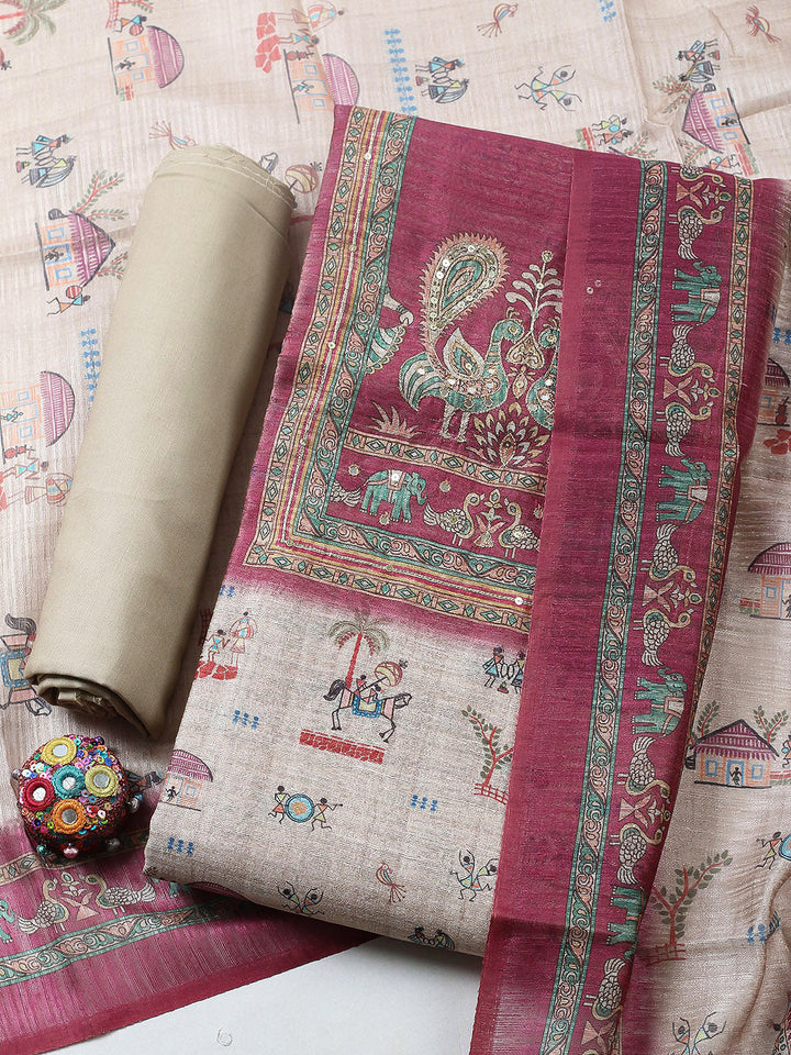 Embroidered Chanderi Unstitched Suit With Pant &amp; Dupatta