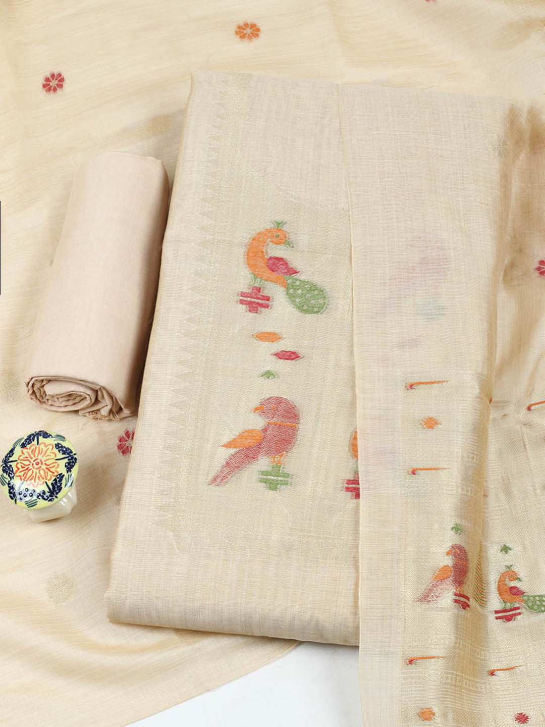 Embroidered Chanderi Unstitched Suit With Pant &amp; Dupatta