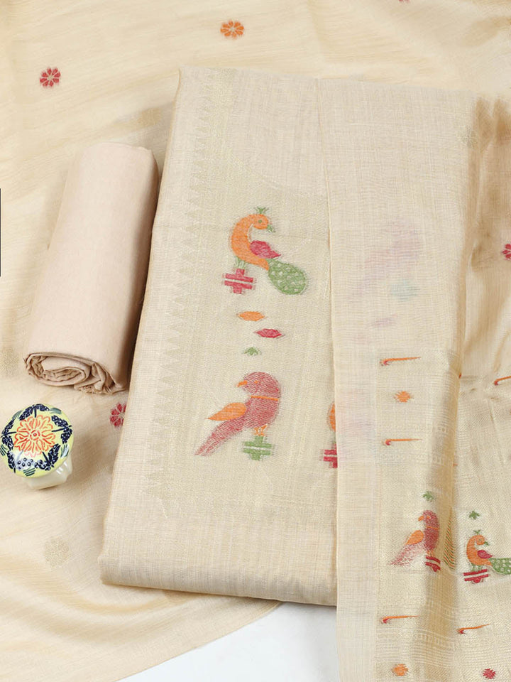 Embroidered Chanderi Unstitched Suit With Pant &amp; Dupatta