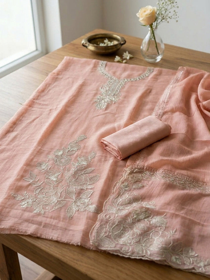 Embroidered Chanderi Unstitched Suit Pant &amp; Dupatta