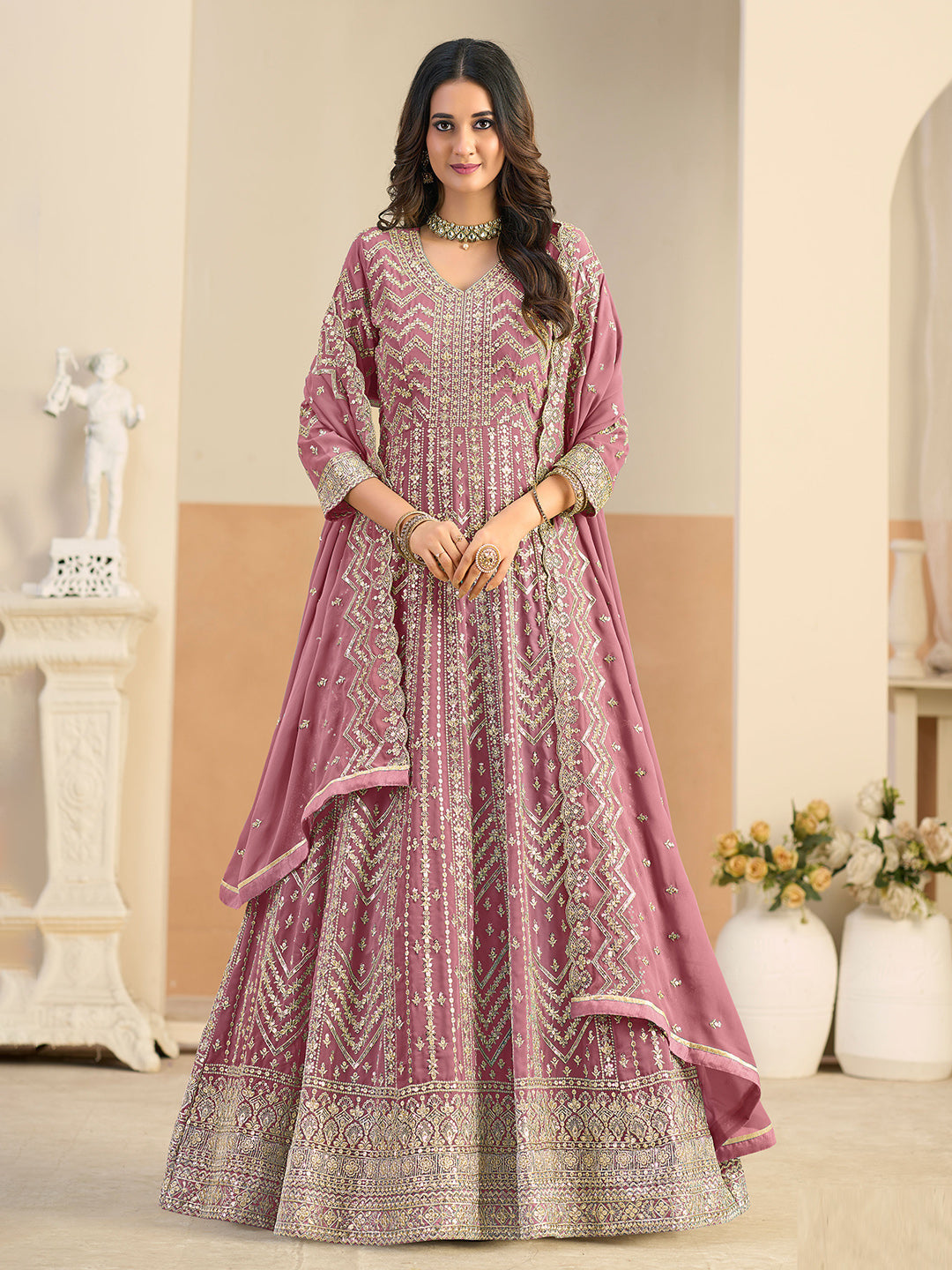 Embroidered Geogrette Semi Stitched Gown With Pant &amp; Dupatta