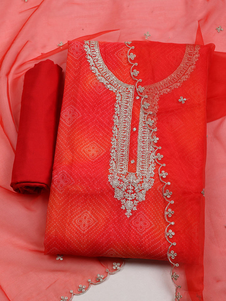 Neck Embroidered &amp; Printed Organza Unstitched Suit With Dupatta