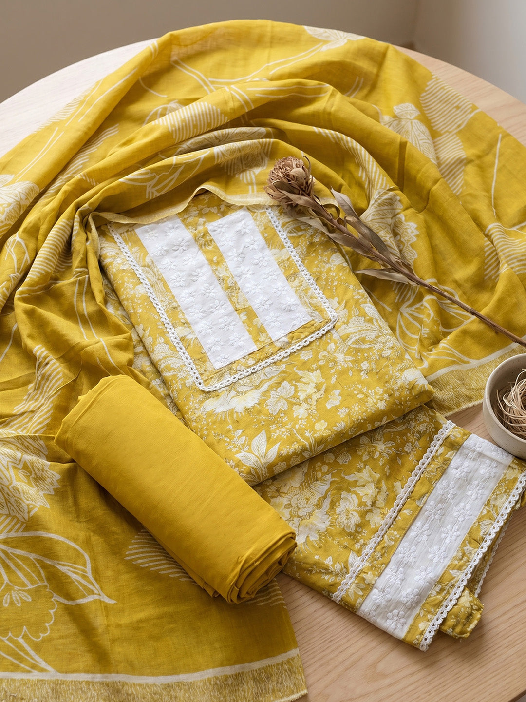 Printed Cotton Blend Unstitched Suit With Pant &amp; Dupatta