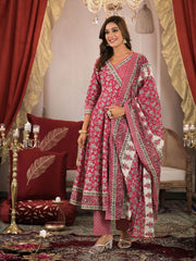 Floral Print Cotton Kurta With Pants & Dupatta