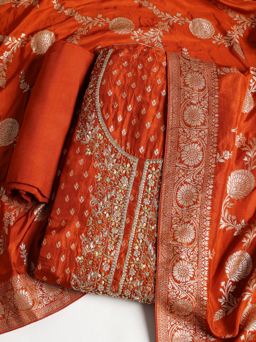 Neck Embroidered Chanderi Unstitched Suit With Dupatta