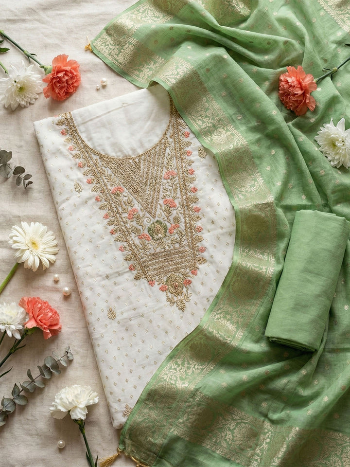 Embroidered Chanderi Unstitched Suit With Pant &amp; Dupatta