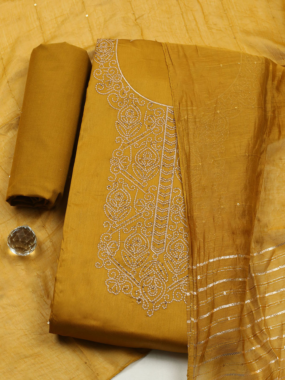 Embroidered Chanderi Unstitched Suit With Pant &amp; Dupatta