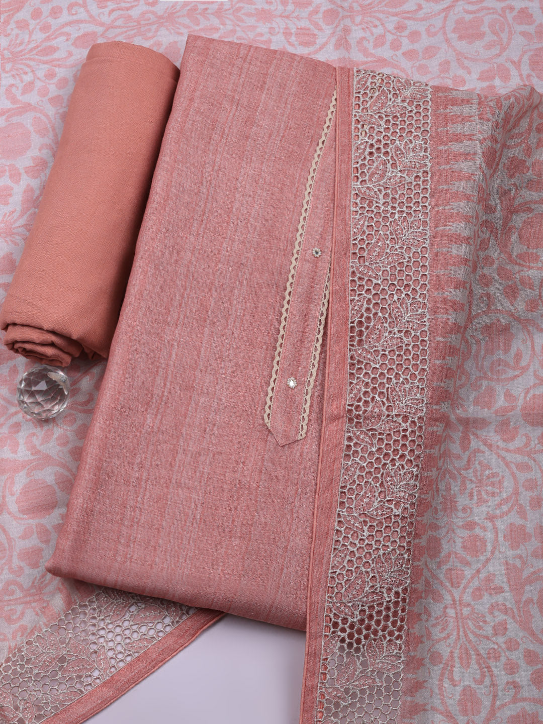 Embroidered Linen Blend Unstitched Suit With Pant &amp; Dupatta