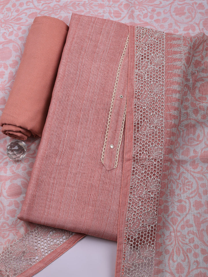 Embroidered Linen Blend Unstitched Suit With Pant &amp; Dupatta