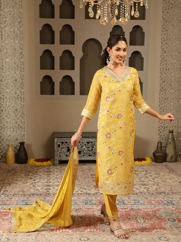 Woven Embroidery Tissue Kurta With Pants & Dupatta