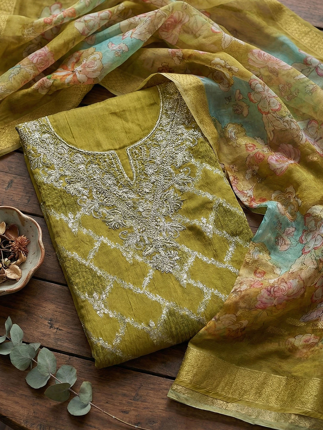 Embroidered Cotton Blend Unstitched Suit With Pant &amp; Dupatta