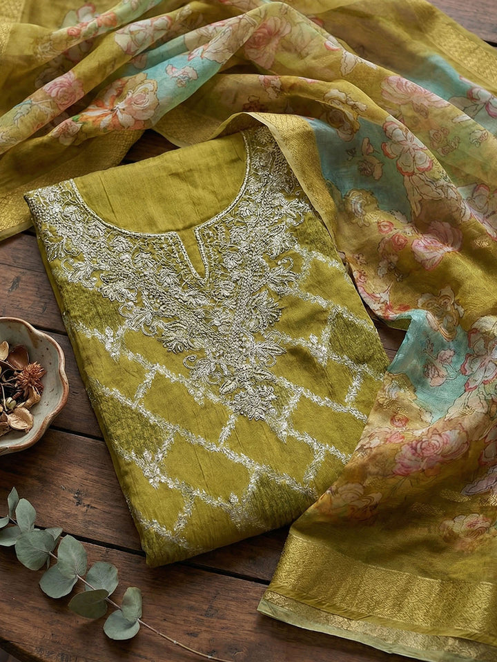 Embroidered Cotton Blend Unstitched Suit With Pant &amp; Dupatta
