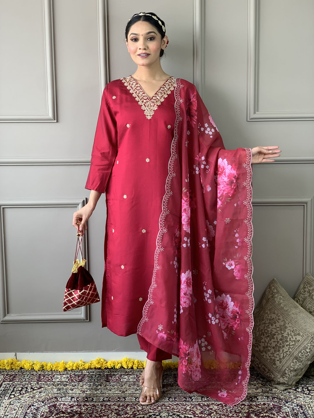 Neck Embroidered Chanderi Kurta With Pants & Dupatta