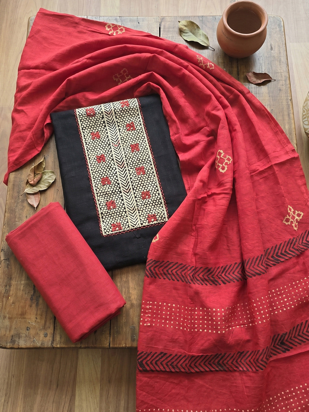 Printed Cotton Blend Unstitched Suit With Pant &amp; Dupatta