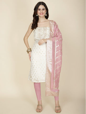 Neck Patti Chanderi Unstitched Suit Piece With Dupatta