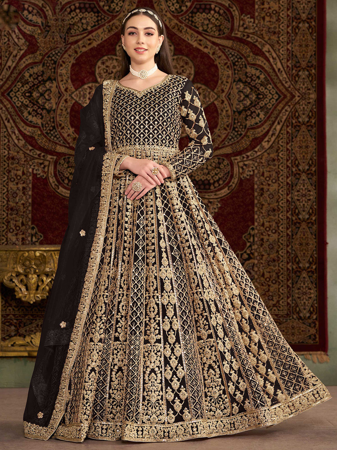 Embroidered Net Semi Stitched Gown With Dupatta