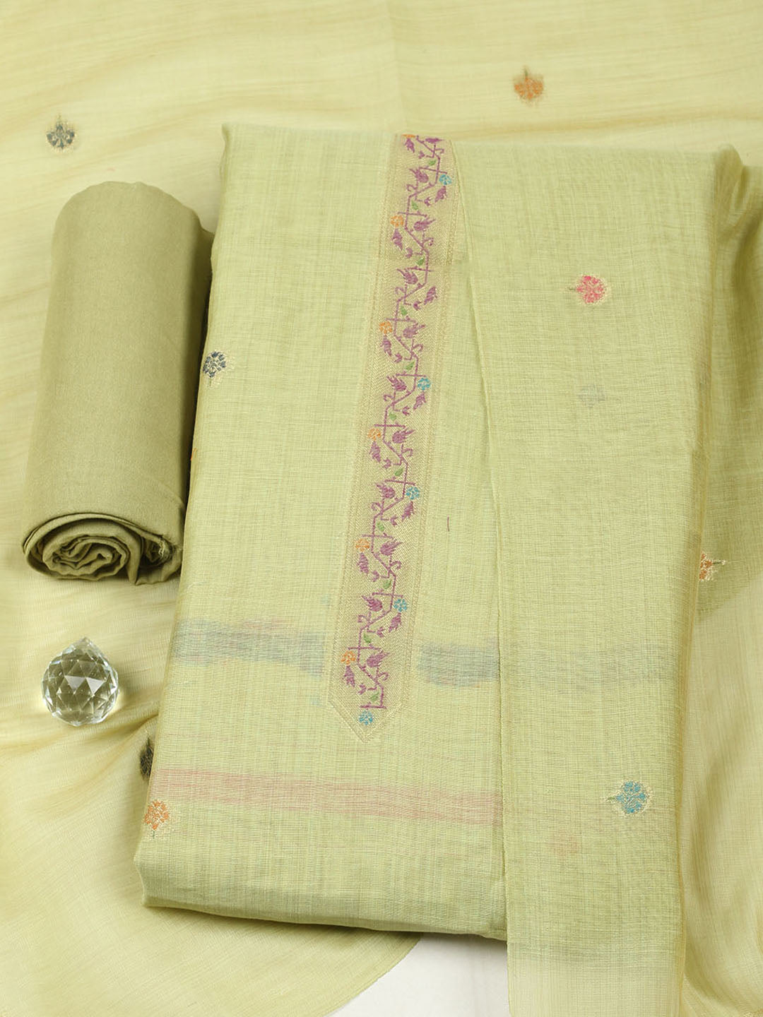 Embroidered Chanderi Unstitched Suit With Pant &amp; Dupatta