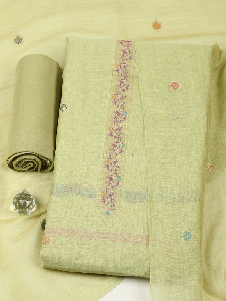 Embroidered Chanderi Unstitched Suit With Pant &amp; Dupatta