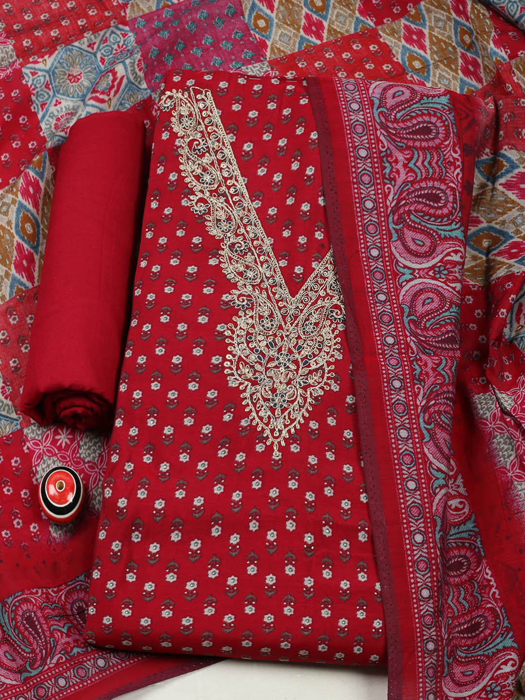 Embroidered Cotton Blend Unstitched Suit With Pant &amp; Dupatta