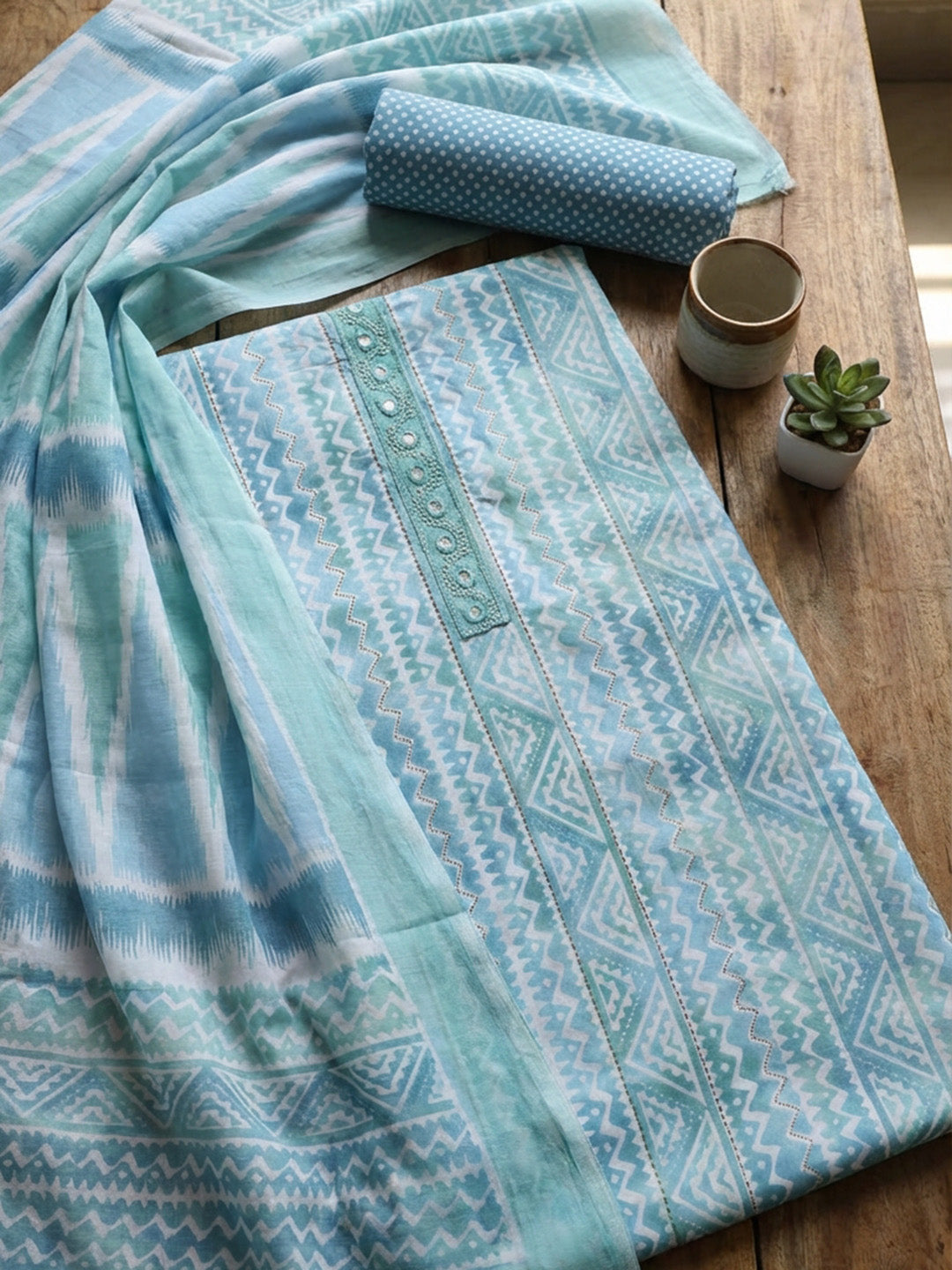 Printed Cotton Blend Unstitched Suit With Pant &amp; Dupatta