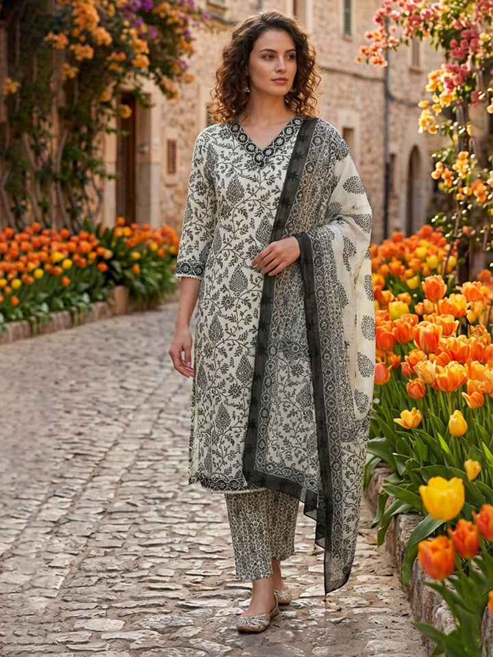 Printed Cotton Blend Suit With Pant &amp; Dupatta