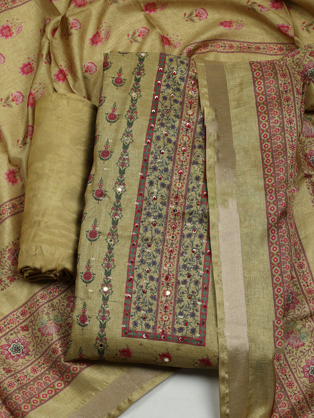 Embroidered Tussar Unstitched Suit With Dupatta