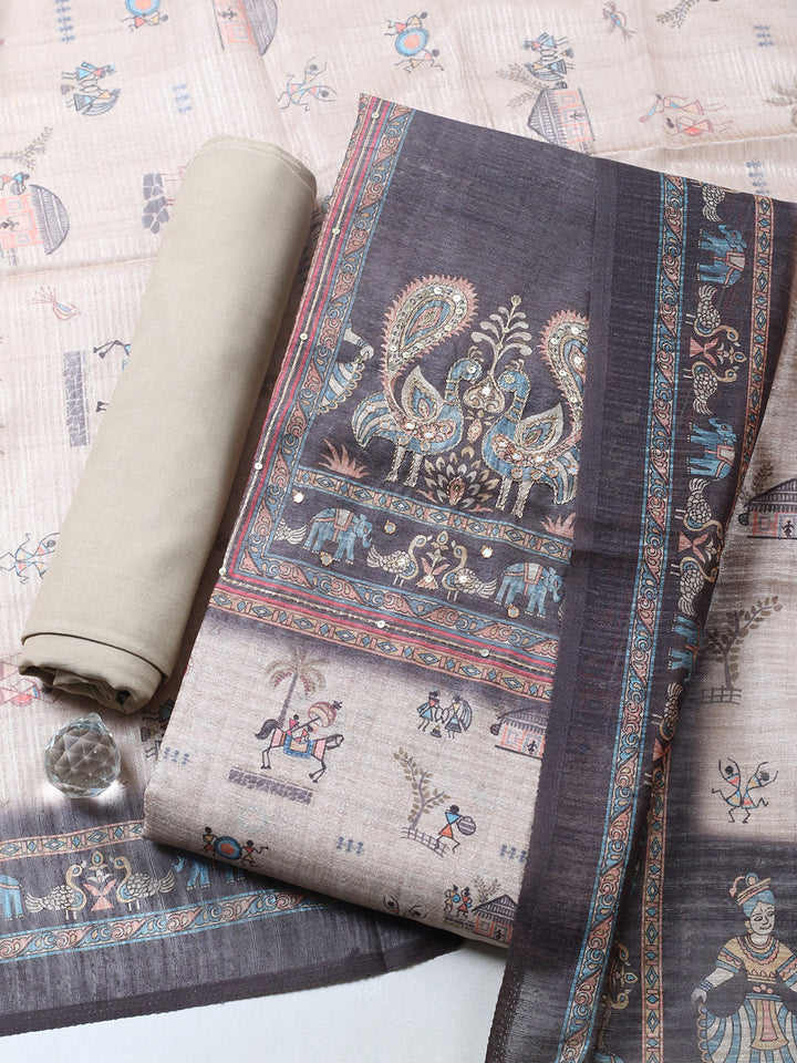 Embroidered Chanderi Unstitched Suit With Pant &amp; Dupatta