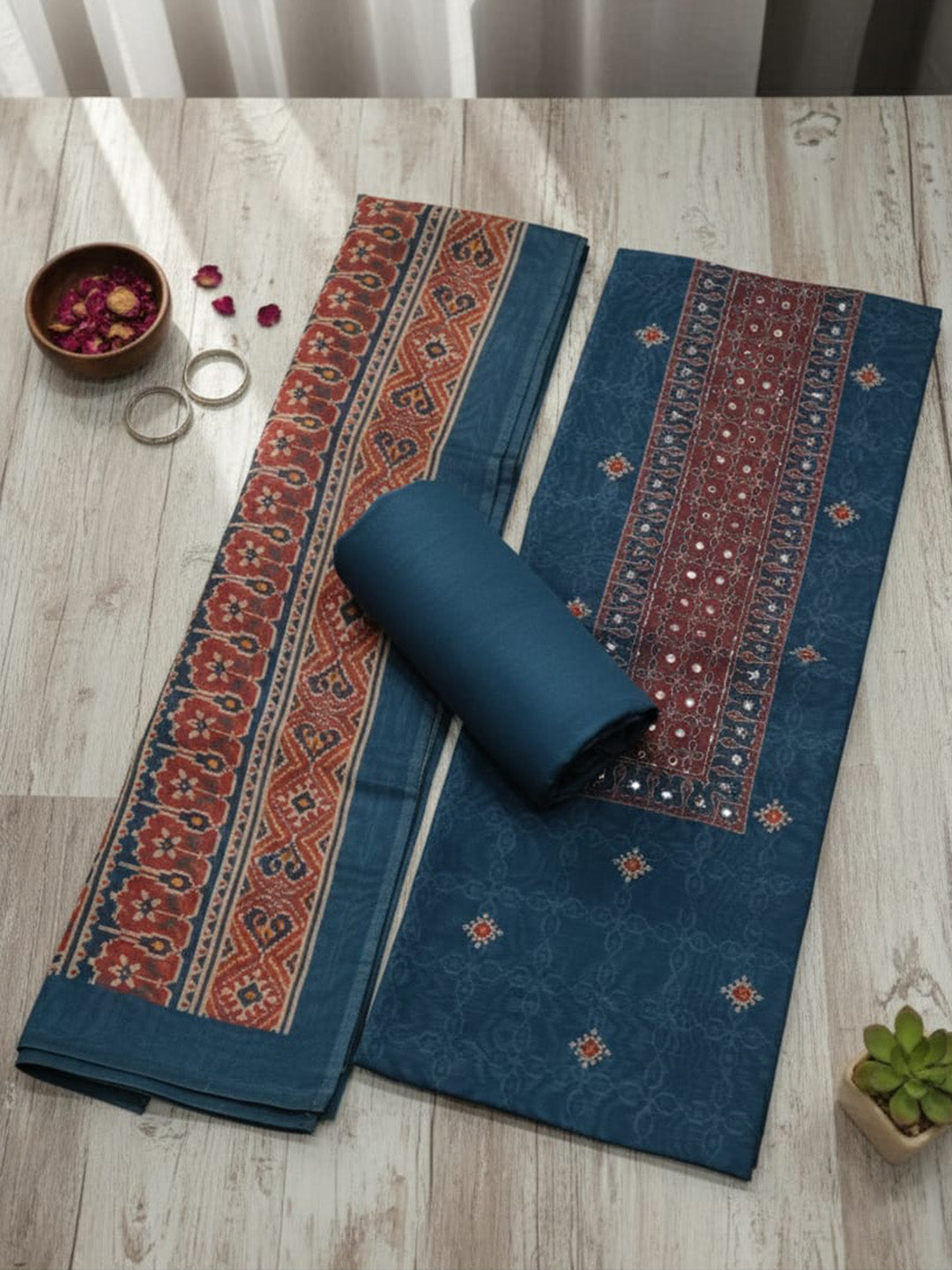 Embroidered Chanderi Unstitched Suit With Pant &amp; Dupatta