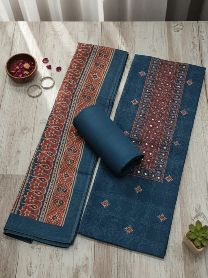 Embroidered Chanderi Unstitched Suit With Pant &amp; Dupatta