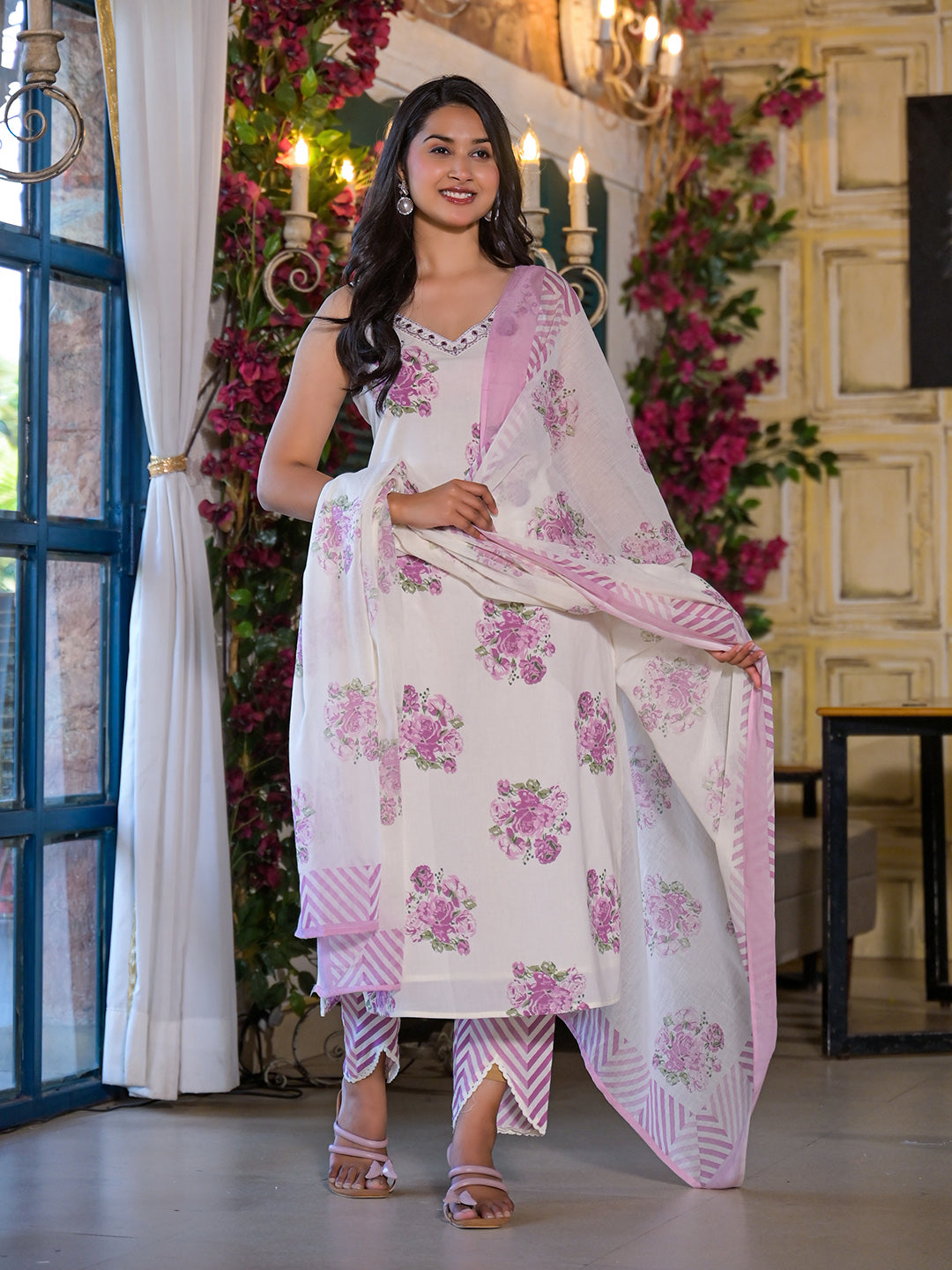 Floral Printed Cotton Blend Kurta With Pants &amp; Dupatta