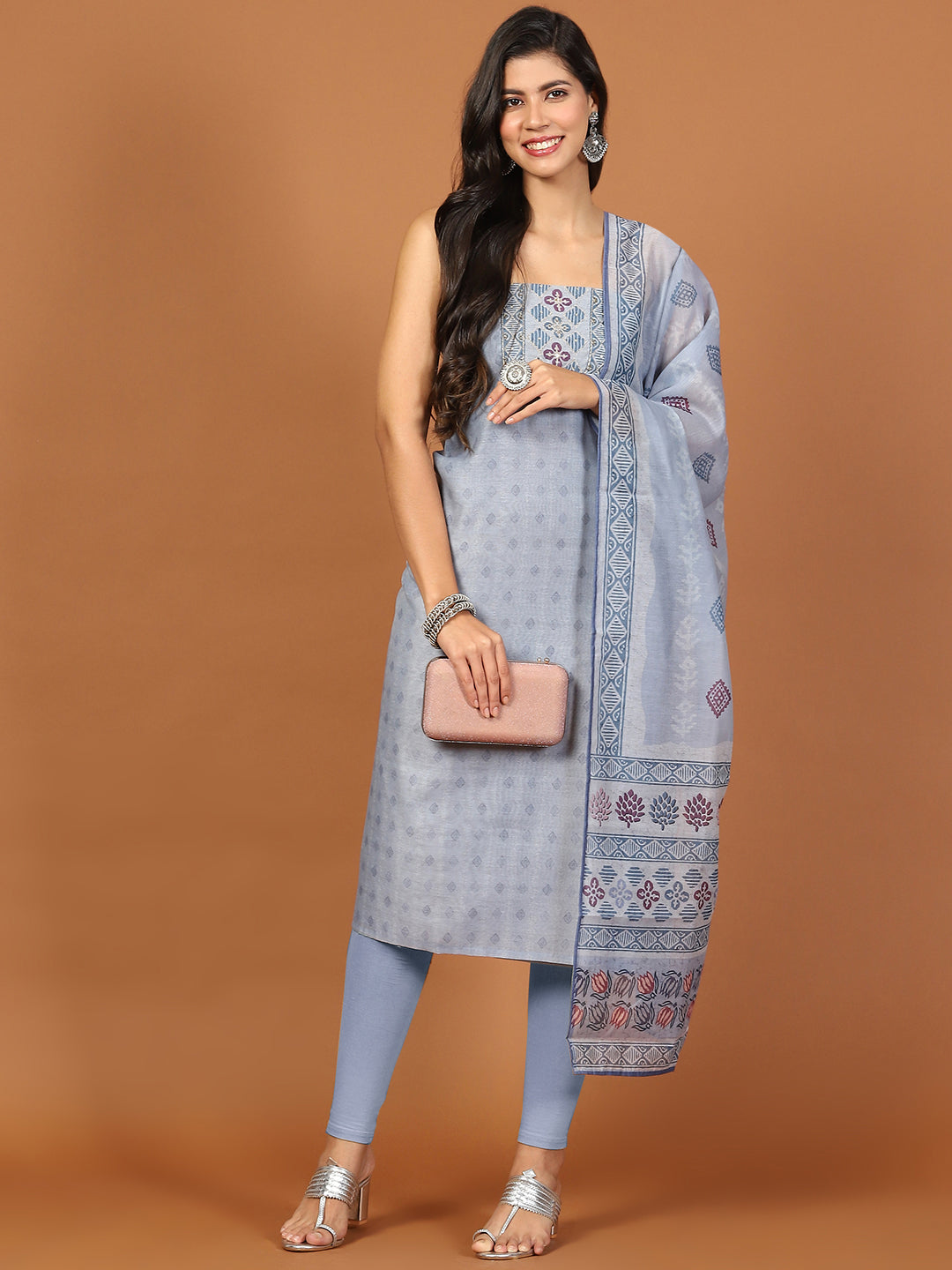 Neck Work Chanderi Unstitched Suit Piece With Dupatta