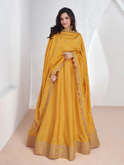 Embroidered Silk A Line Gown With Dupatta