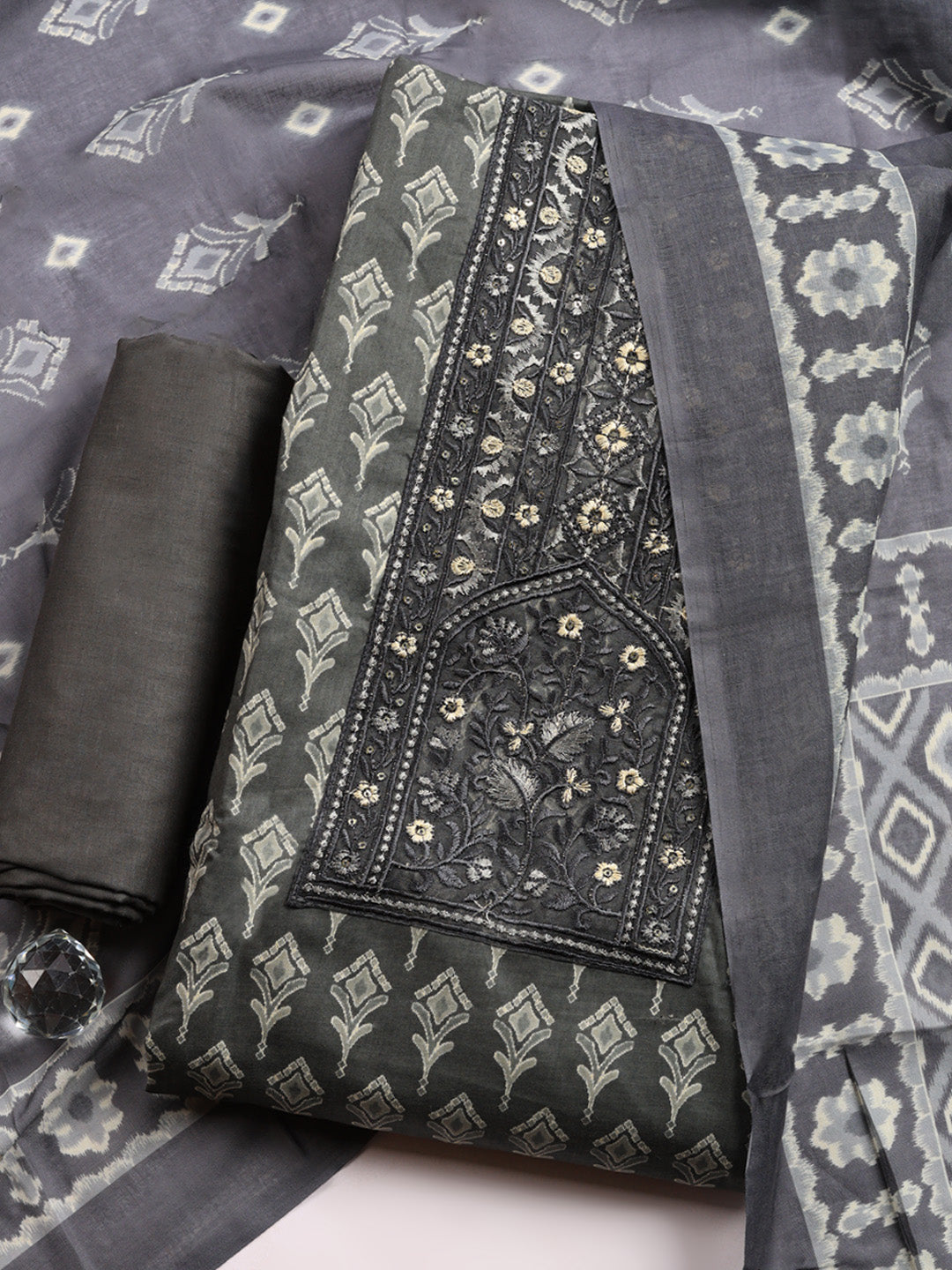 Printed Cotton Blend Unstitched Suit With Pant &amp; Dupatta