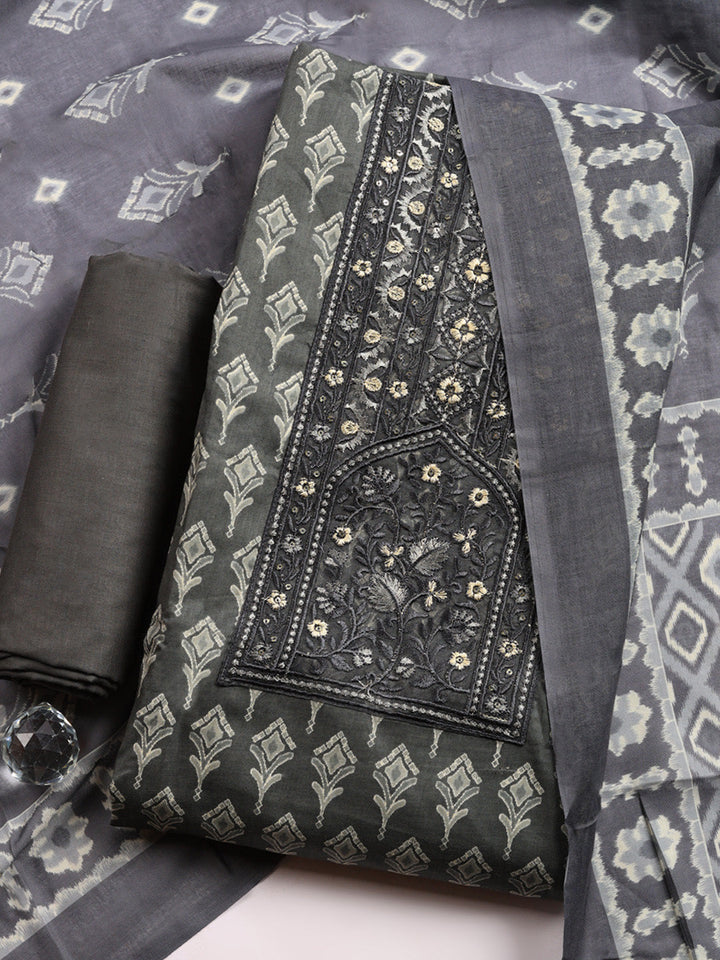 Printed Cotton Blend Unstitched Suit With Pant &amp; Dupatta