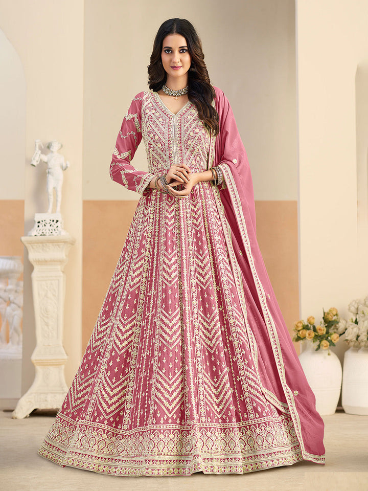 Embroidered Geogrette Semi Stitched Gown With Pant &amp; Dupatta